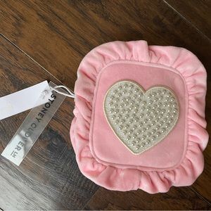 NWT Stoney Clover Lane Sunburst Pink Velvet Ruffle Mini Pouch &Pearl Heart Patch